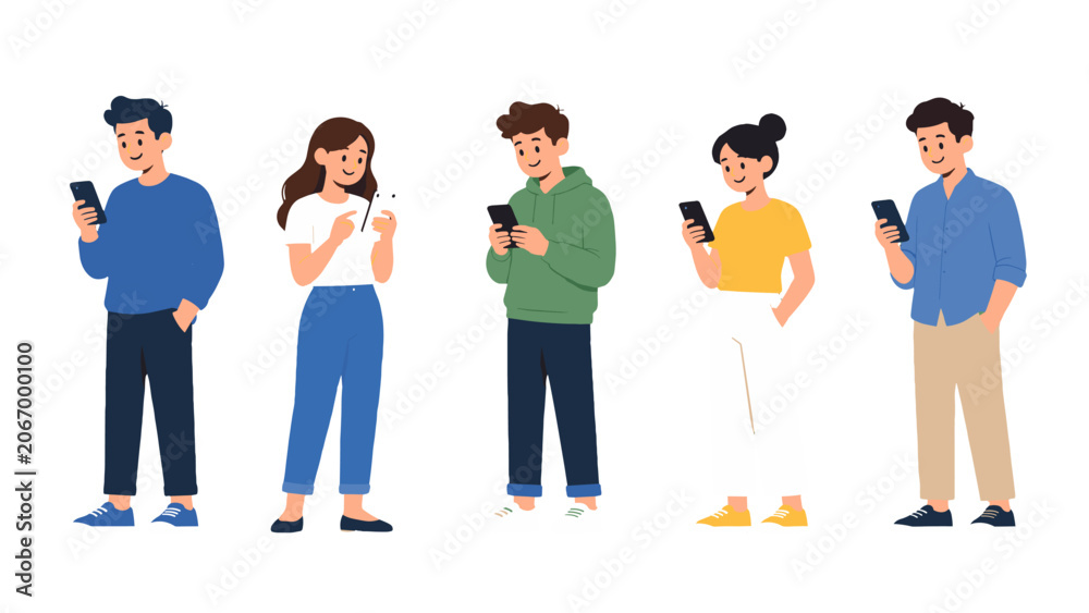 Obraz premium Five people using smartphones in flat vector illustration