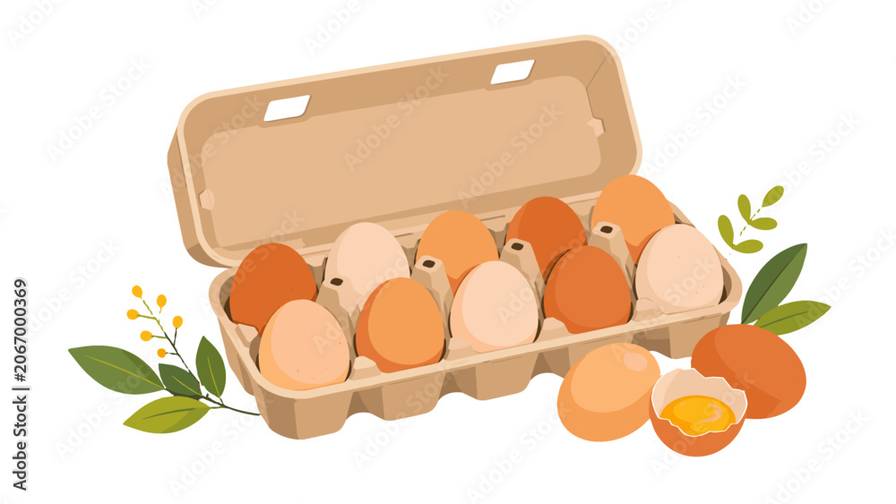 Obraz premium Open cardboard egg carton with brown and white eggs vector