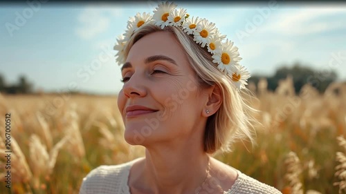 Positive aging woman with a wreath of flowers on her head, summer day