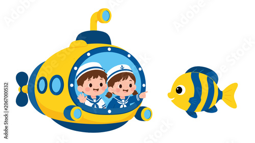 Foto Cute cartoon children in a yellow submarine with tropical fish