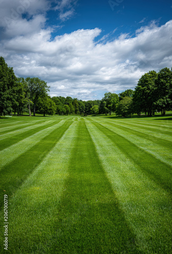 A wide view of a perfectly manicured green lawn with long mown stripes leading into a forest under a dramatic blue sky with white fluffy clouds