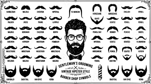 Moustaches and beards. Vintage hipster moustache silhouettes, moustache and beard masculine vector symbols set. Gentleman face hairstyle. Black curly hair, glasses and bow, barber logo
