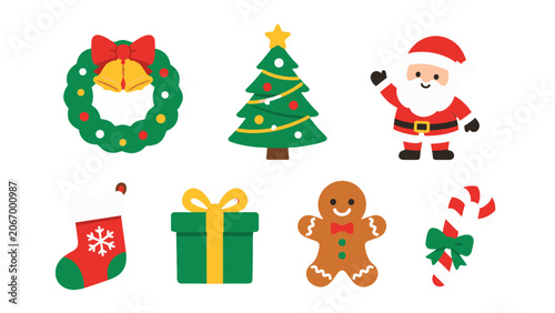 Christmas holiday vector icons with Santa tree wreath and gifts