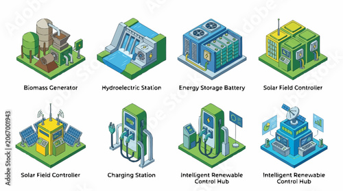 Foto Isometric illustration of renewable energy and industrial facilities