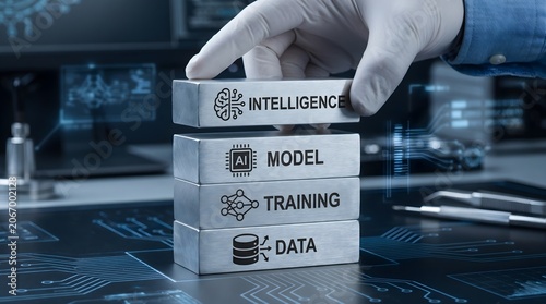 Hand holding block with artificial intelligence model training data concept on circuit board