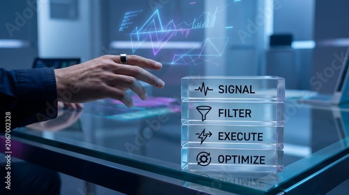 Hand interacting with transparent signal filter execute optimize blocks on glass desk in office