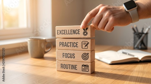 Hand placing wooden block with excellence text on top of practice focus routine blocks
