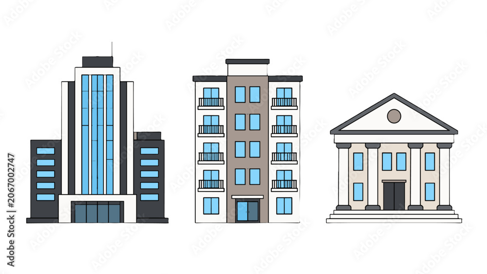 Obraz premium Set of city building icons with office apartment and bank