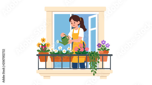 Woman watering flowers on apartment balcony vector illustration