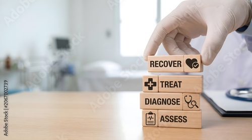 Medical professional building wooden blocks with health care words on desk in hospital