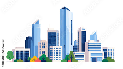 Modern city skyline with glass office buildings and trees