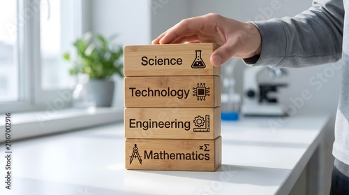 Person placing blocks with STEM education concepts on white table in laboratory setting