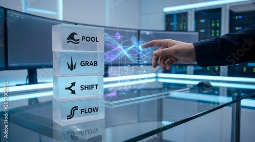 Person interacting with virtual interface and glowing cube buttons on glass desk in office