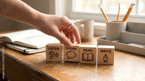 Wooden blocks with language learning concepts on a desk with a hand