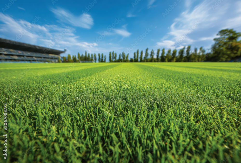 Fototapeta premium Close up view of a lush green grass field at a sports stadium with striped patterns and a clear blue sky with light clouds in the background