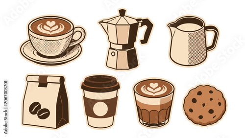 Valokuva Vintage coffee and cafe drink icon set with halftone shading