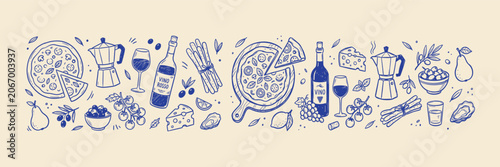 Hand drawn Italian food and wine doodle set. Sketch pizza, cheese, grapes and coffee moka pot outline vector illustration.