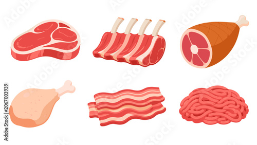 Cuadro en lienzo Colored meat icons set with steak ribs ham bacon and mince