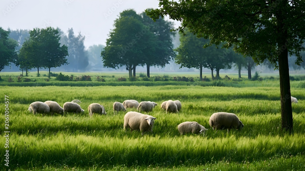 Fototapeta premium Grazing animals peacefully occupy fertile green pastures under a gentle breeze