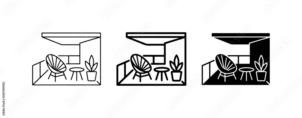 Fototapeta premium Balcony Icons Set, Outdoor Seating, Modern Apartment View, Vector Graphics