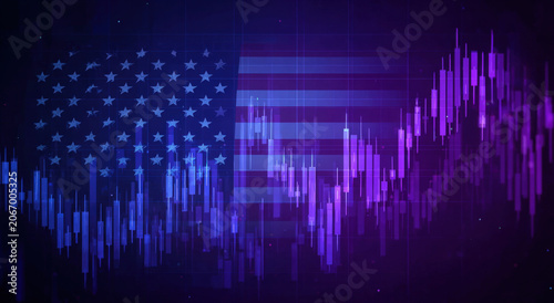 Financial stock market chart with purple and blue candlestick patterns overlaid on a united states flag, representing american economy