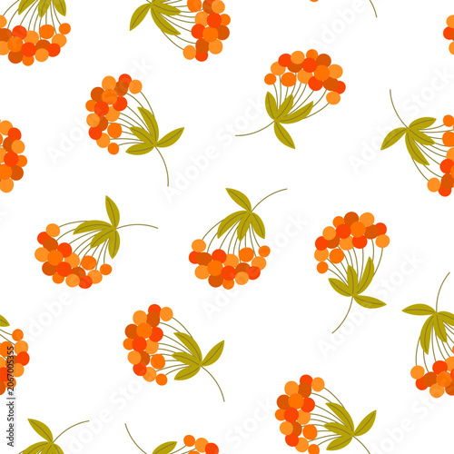 Orange rowan berry clusters and green leaves seamless pattern, autumn botanical ornament for seasonal textile, wrapping paper, fabric, clothing, decor, crafts and backgrounds