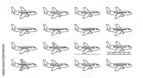 Photos Group of commercial jetliner icons with windows and landing gear detail