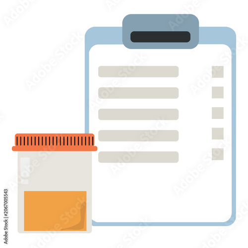 Urine sample container alongside medical test checklist clipboard