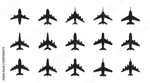 Obraz na płótnie Detailed set of black airplane icons in top view profile showing various jet models for projects