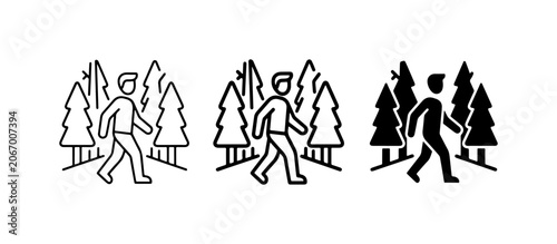 Man Walking Through Forest Trail Icons, Outdoor Recreation, Nature Walk, Hiking Path