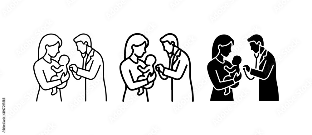 Fototapeta premium Pediatrician Examining Baby, Mother Holding Infant, Medical Checkup Icons