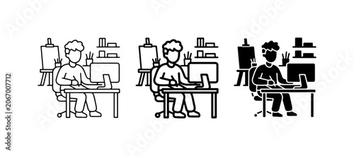 Artist Working at Desk, Digital Art Creation, Creative Studio Icons