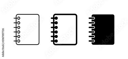 Spiral Notebook Icons, Set of 3, Outline and Solid Black, Vector Graphics for Notes and Planning