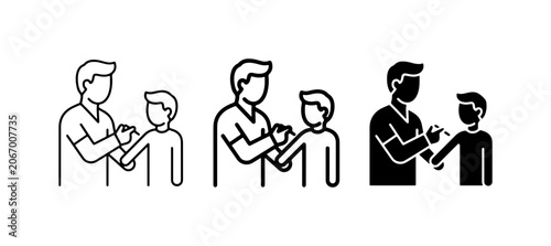 Vaccination icons, doctor giving injection to child, medical care, healthcare, immunization