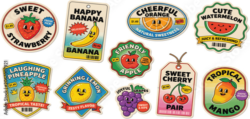 Fruits label stickers in retro cartoon style. Paper tags, fruit names, price stickers, colorful badges, grocery vibe, 90s packaging aesthetic, illustration in retro cartoon style, trendy patches