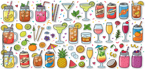 Cartoon stickers cocktails in glass jars and glasses, set of alcoholic drinks and fruits. Retro cans of refreshing drinks with ice for party. cocktail ingredients. trending doodle stickers