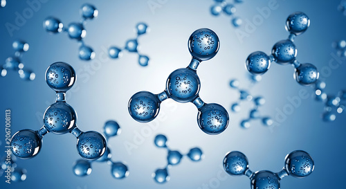 Molecular structure of methane with spherical atoms against a blurred blue backdrop molecule
