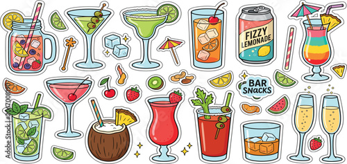 Cartoon stickers cocktails in glass jars and glasses, set of alcoholic drinks and fruits. Retro cans of refreshing drinks with ice for party. cocktail ingredients. trending doodle stickers