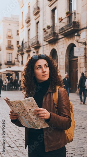 Woman tourist walking through cobblestone street holding map in historic city