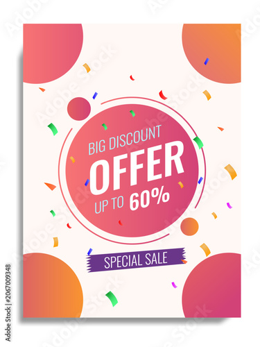 Big Discount Offer Flyer Template with 60 Percent Off, Special Sale Banner Vector Design with Colorful Confetti for Promo and Advertising