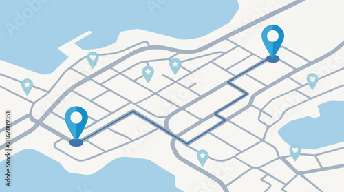 Foto Digital map with navigation route, starting and ending points, and landmarks
