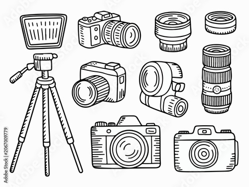 Bild auf Leinwand Collection of hand-drawn camera equipment icons including cameras lenses and tri