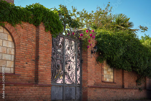 Historic Brick Wall with Ornamental Metal Gate and Blooming Roses