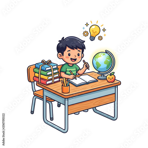 Boy sitting on a high chair with colorful toys and balloons.