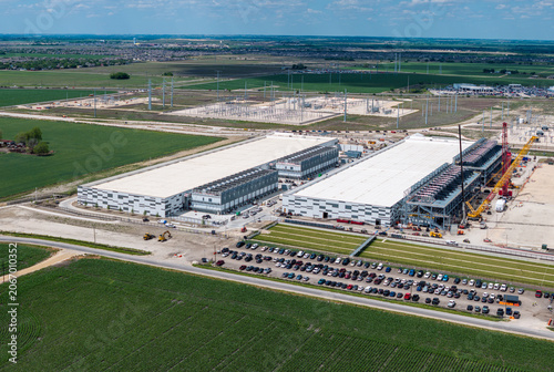 Aerial view of the construction of a massive AI data center campus with 400 million square feet hosting and 600MW capacity in Hutto Texas