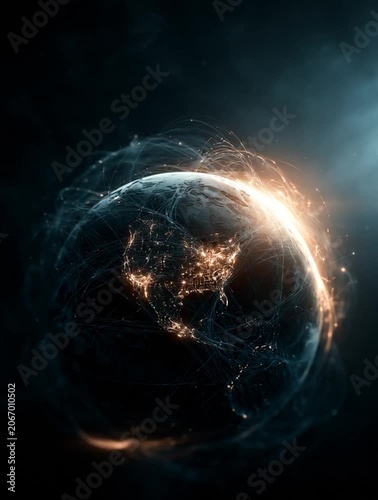 Earth surrounded by billions of tiny observation satellites forming a luminous sphere around the planet. Futuristic surveillance concept representing global monitoring, space technology and data intel