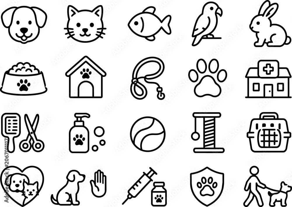 Fototapeta premium 20 pet care and veterinary outline icon set, animal adoption and vaccination vector line art
