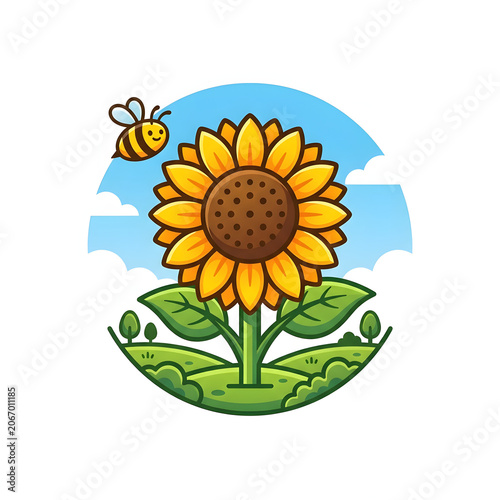 Bright Cartoon Sunflower With Happy Buzzing Bee.