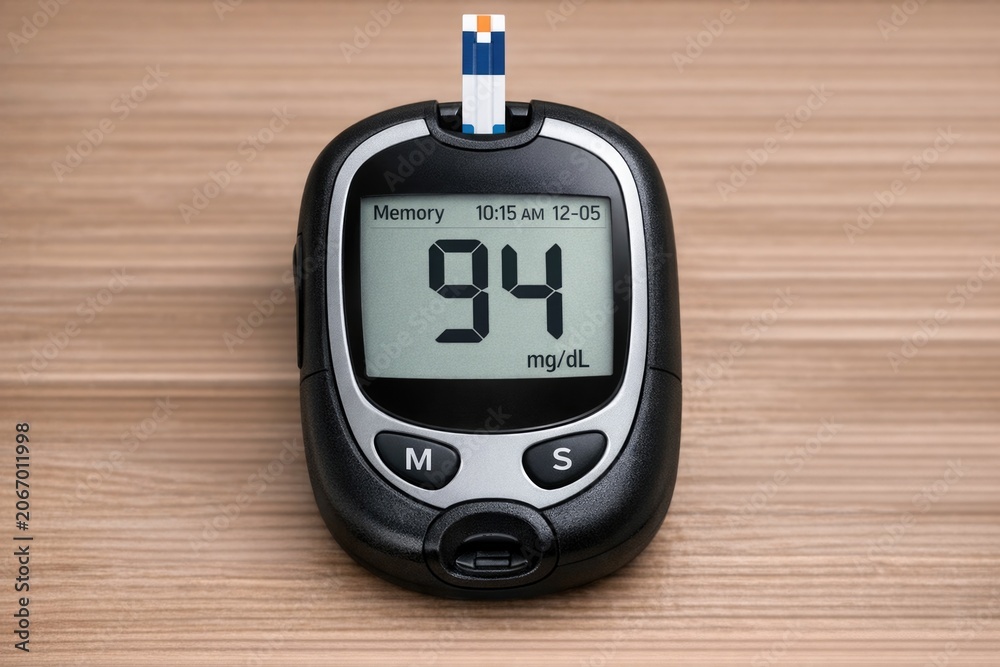 Obraz premium A close-up view of a cell phone on a table, perfect for use in articles about technology, daily life, or as a design element glucometer. Blood sugar measurement.