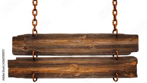 Photos Isolated textured rustic wooden planks sign hanging from weathered old rusty met